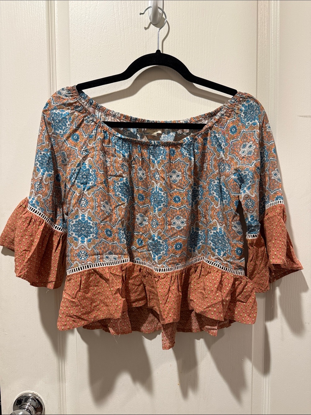 Bohemian Ruffle Off-Shoulder Crop Top in Rust and Blue